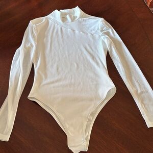 White Long-Sleeve Ribbed  One-Piece Bodysuit with sheer arms and neckline